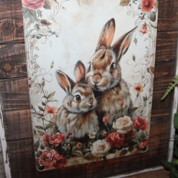 NEW Large Rustic Distressed Bunny Rabbit Pair & Wild Flower Farmhouse Wall Decor - Picture 5 of 6